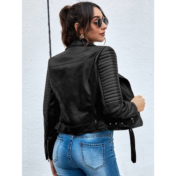 Lapel Collar Belted Zip Up vegan leather Moto Jacket black - Picture 3 of 11